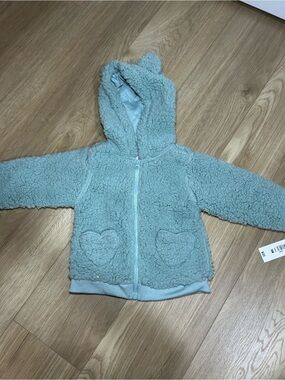 Ariella Mint Green Teddy Hooded Zip Sweater with Heart Pockets